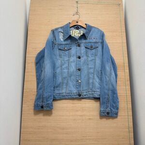 LSU Tigers Football Distressed Denim Jacket Mens Large Light Wash Embroidered